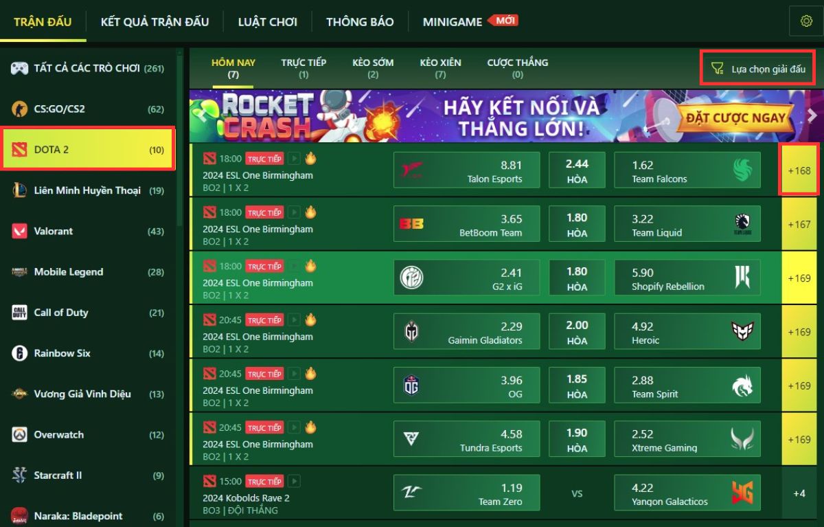 chọn vào tựa game dota 2 fb88 và tham khảo trận đấu