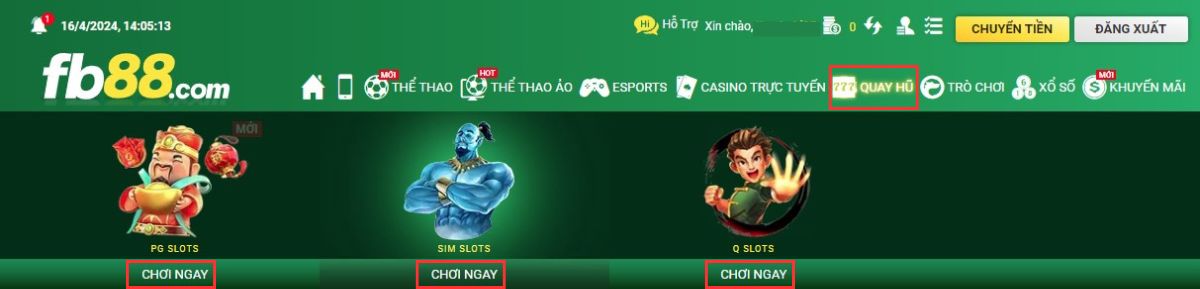 chọn vào sảnh chơi quay hũ fb88