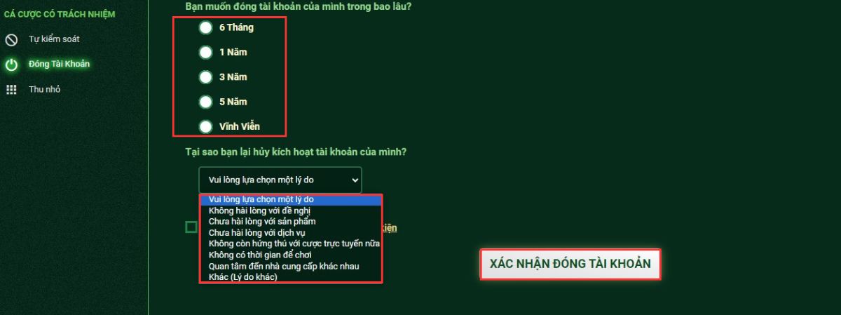 chọn thời hạn khóa tài khoản fb88 và xác nhận