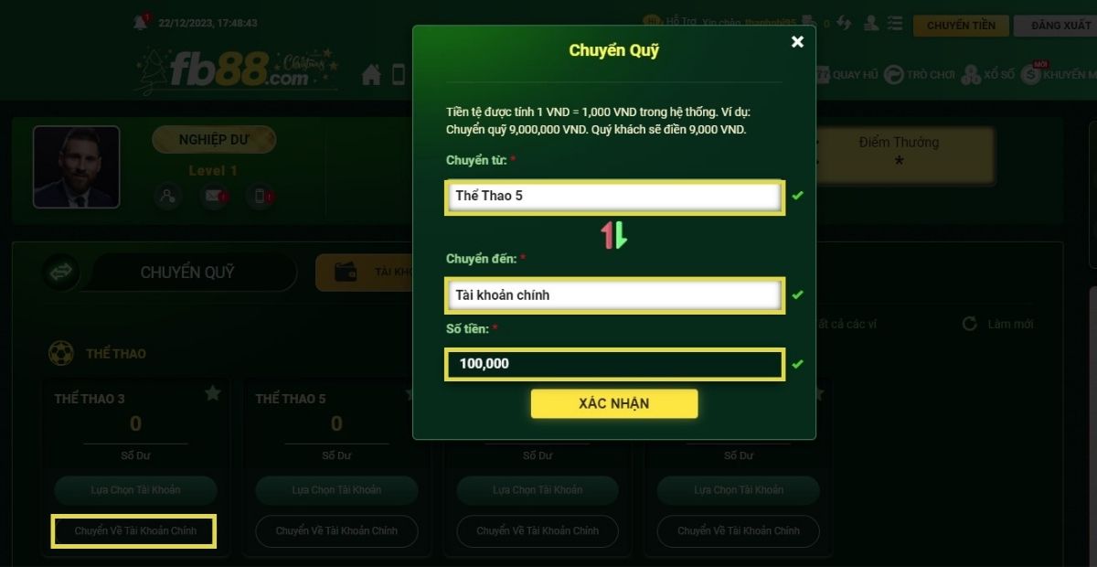 chuyển quỹ fb88 từ tài khoản game về tài khoản chính