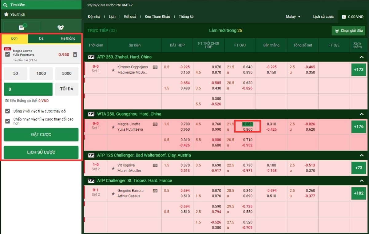 đặt cược vào tỷ lệ cá cược tennis fb88