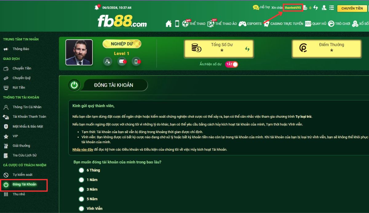 đến mục đóng tài khoản fb88