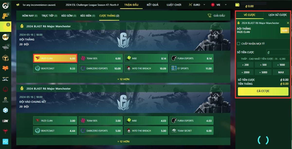 hoàn thành vé cược rainbow six fb88