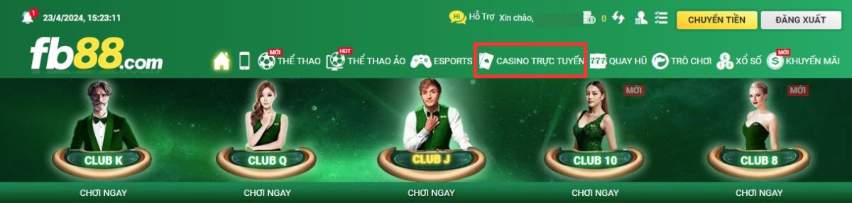 chọn vào sảnh chơi casino cược tài xỉu fb88