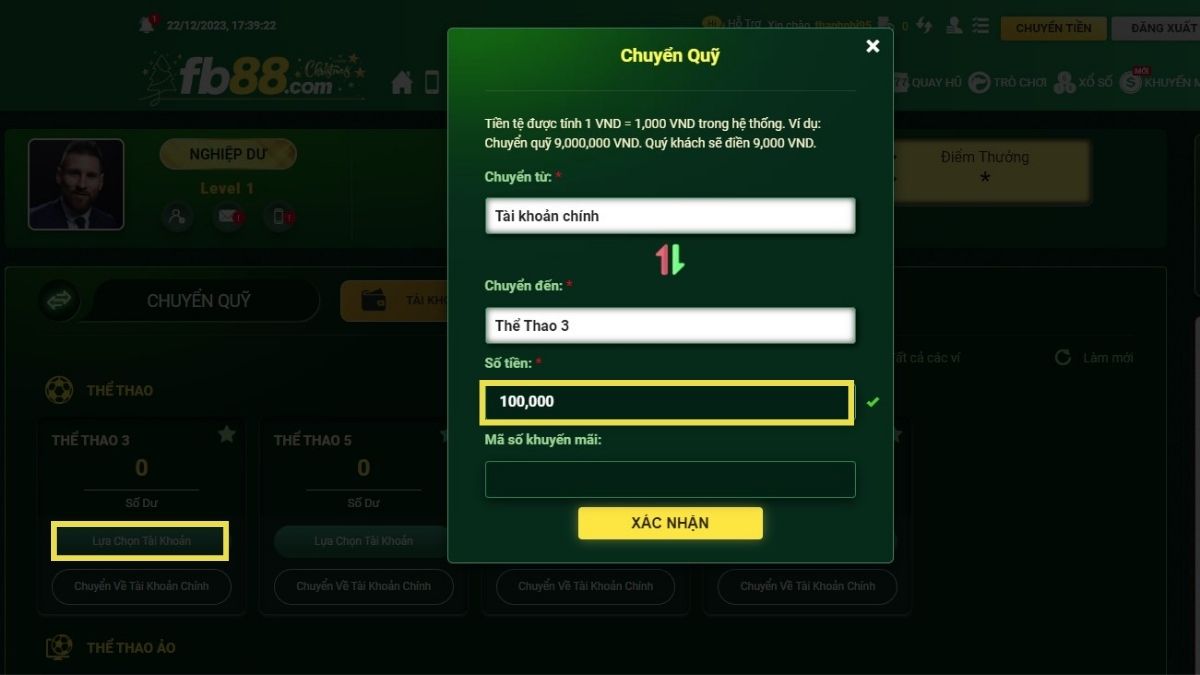 chuyển quỹ fb88 từ tài khoản phụ sang tài khoản chính