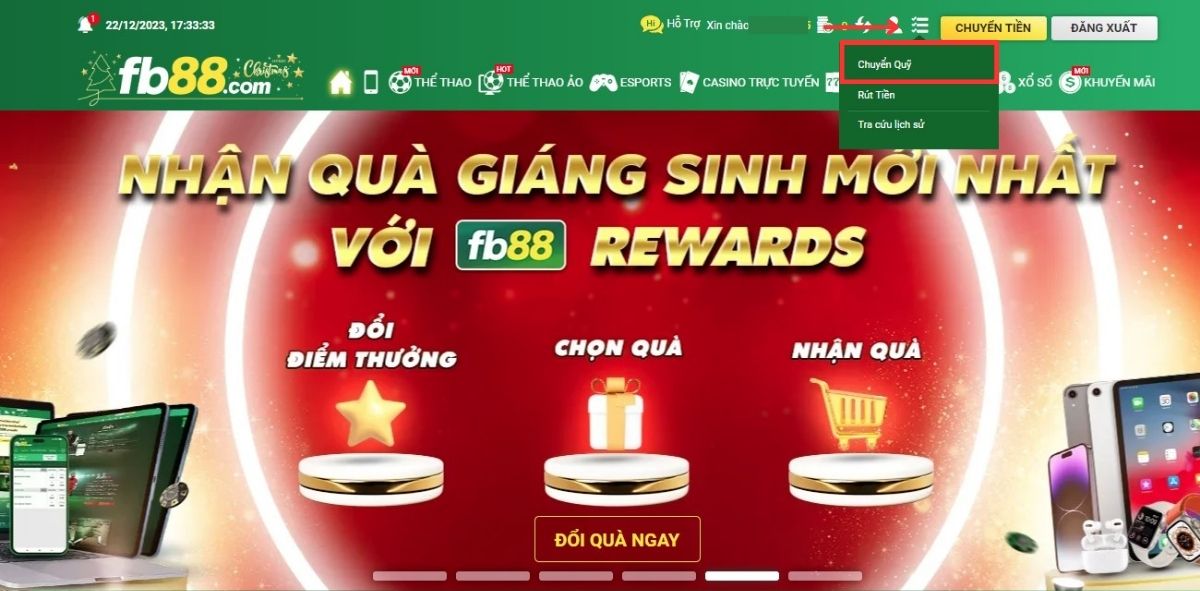 nhấn chọn vào mục chuyển quỹ fb88