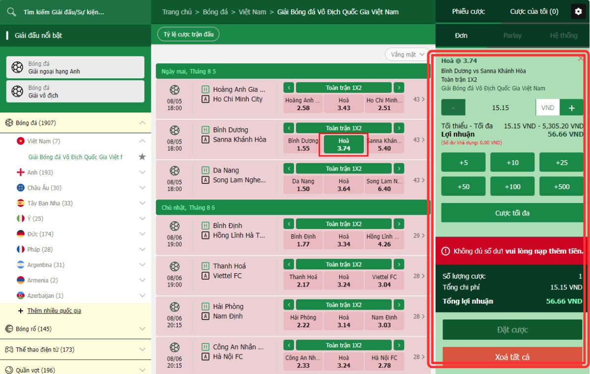 đặt cược vào trận đấu v league 