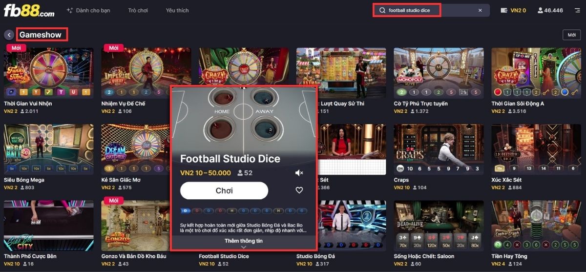 chọn tựa game football studio dice fb88