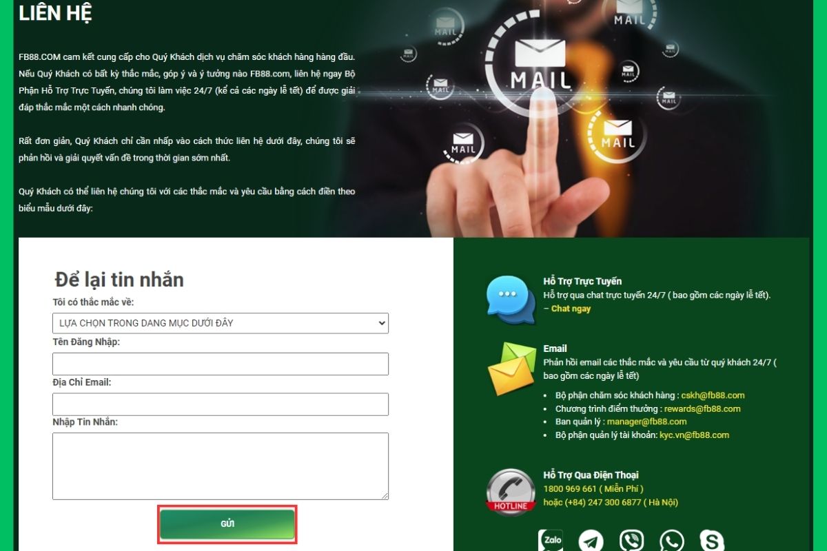 gửi tin nhắn để liên hệ fb88 nhanh nhất