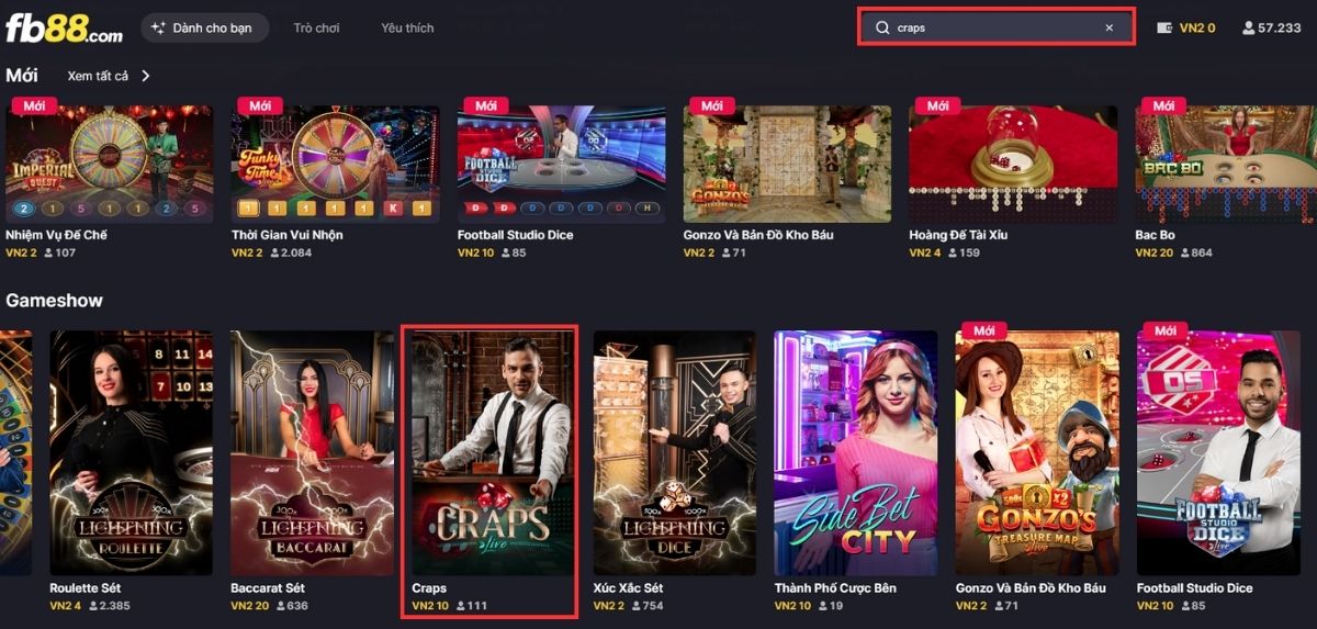 tìm trò chơ craps fb88 trên sảnh casino
