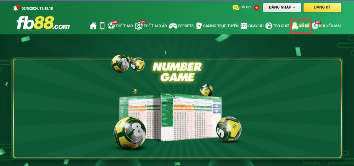 đến mục xổ số và chọn vào number game fb88