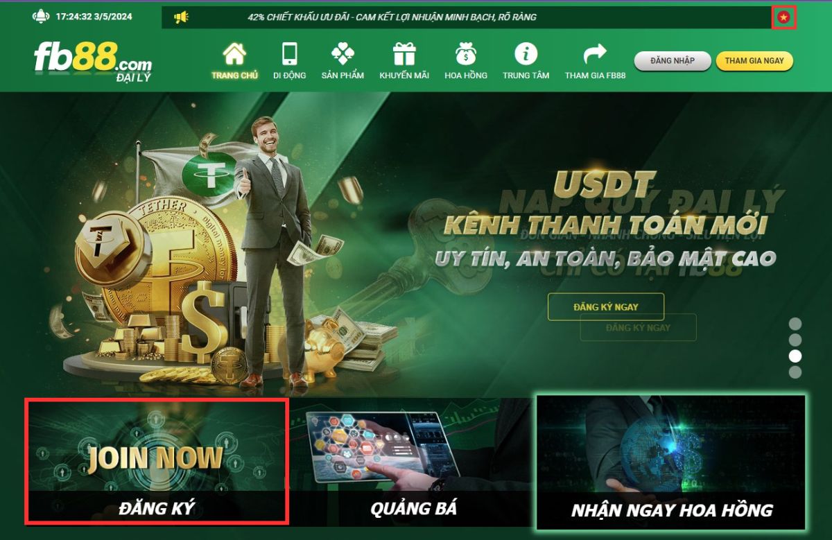 bạn nhấn vào mục đăng ký đại lý fb88