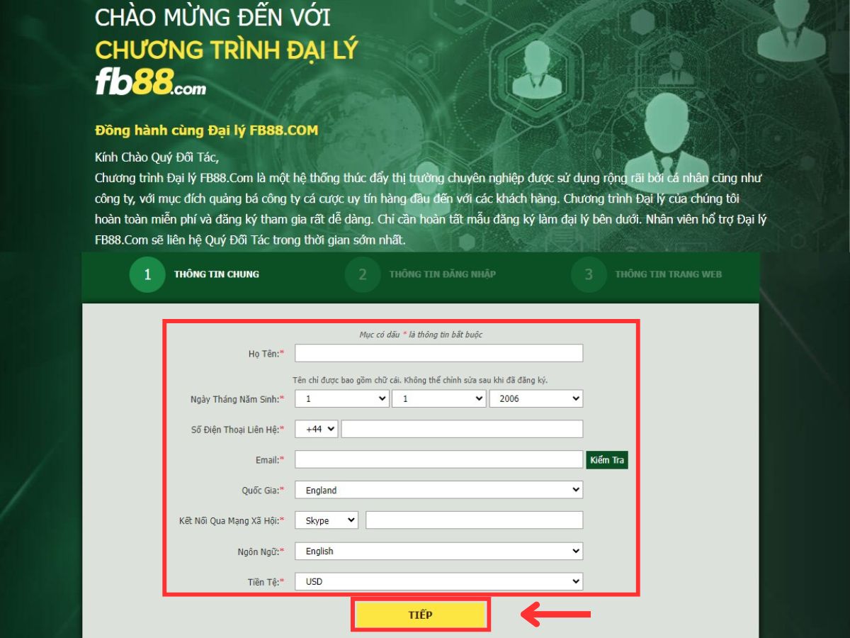 nhập thông tin yêu cầu trong quy trình đăng ký đại lý fb88