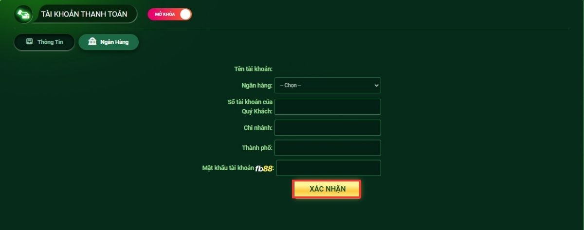 cập nhật thông tin tài khoản ngân hàng trên hệ thống fb88