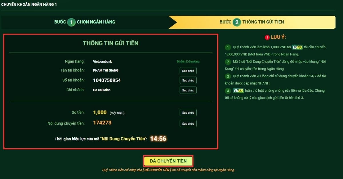 chuyển tiền theo thông tin mà fb88 cung cấp